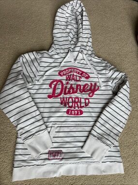 Disney White and Pink Striped Hoodie with Embroidered Logo